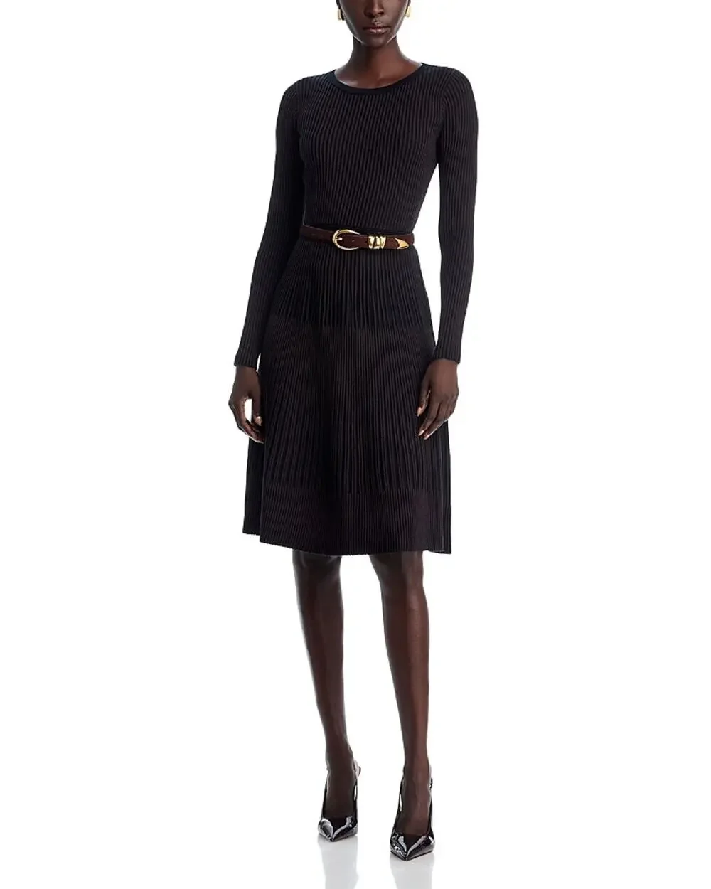 T Tahari Women Black/Espresso Rib Knit Flare Hem Fit & Flare Midi Dress Size XL